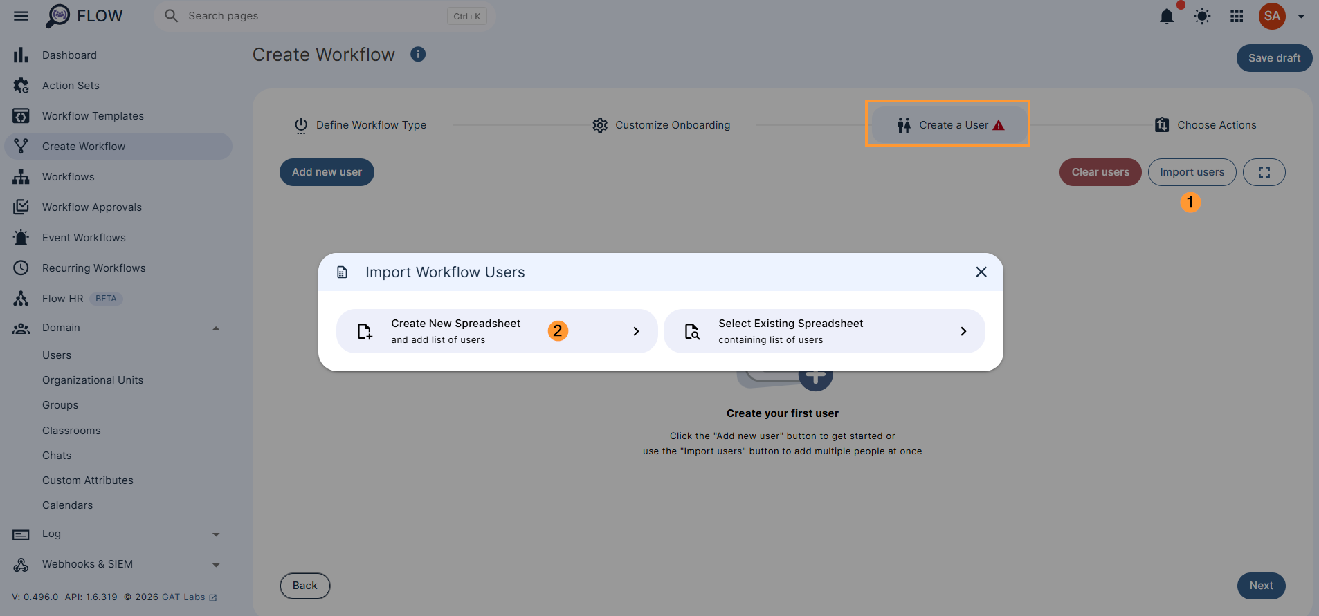 To bulk add students, click on the Import users button and then Create new spreadsheet (optionally can also select and use existing speadsheet)