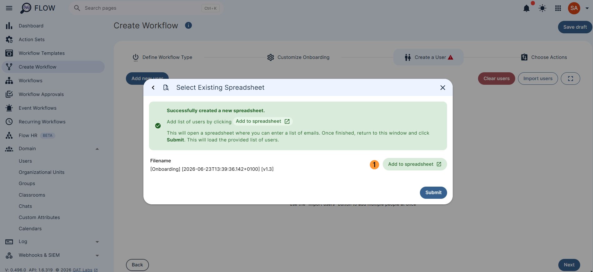 The template is created and can be viewed by clicking on an 'add to spreadsheet' icon that opens a new tab with the spreadsheet.