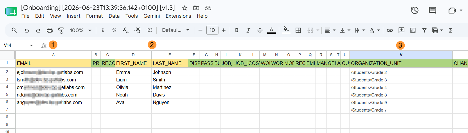 Enter the student's details: Yellow fields are mandatory Green fields are optional Enter the details for the Students, the Email, Firs and Last name are mandatory, and org. unit optional in this case used.