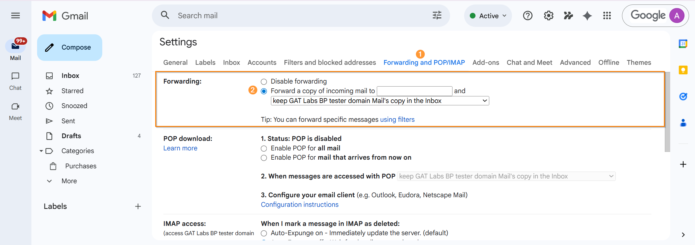 Image showing Gmail setting without email forwarding setup.