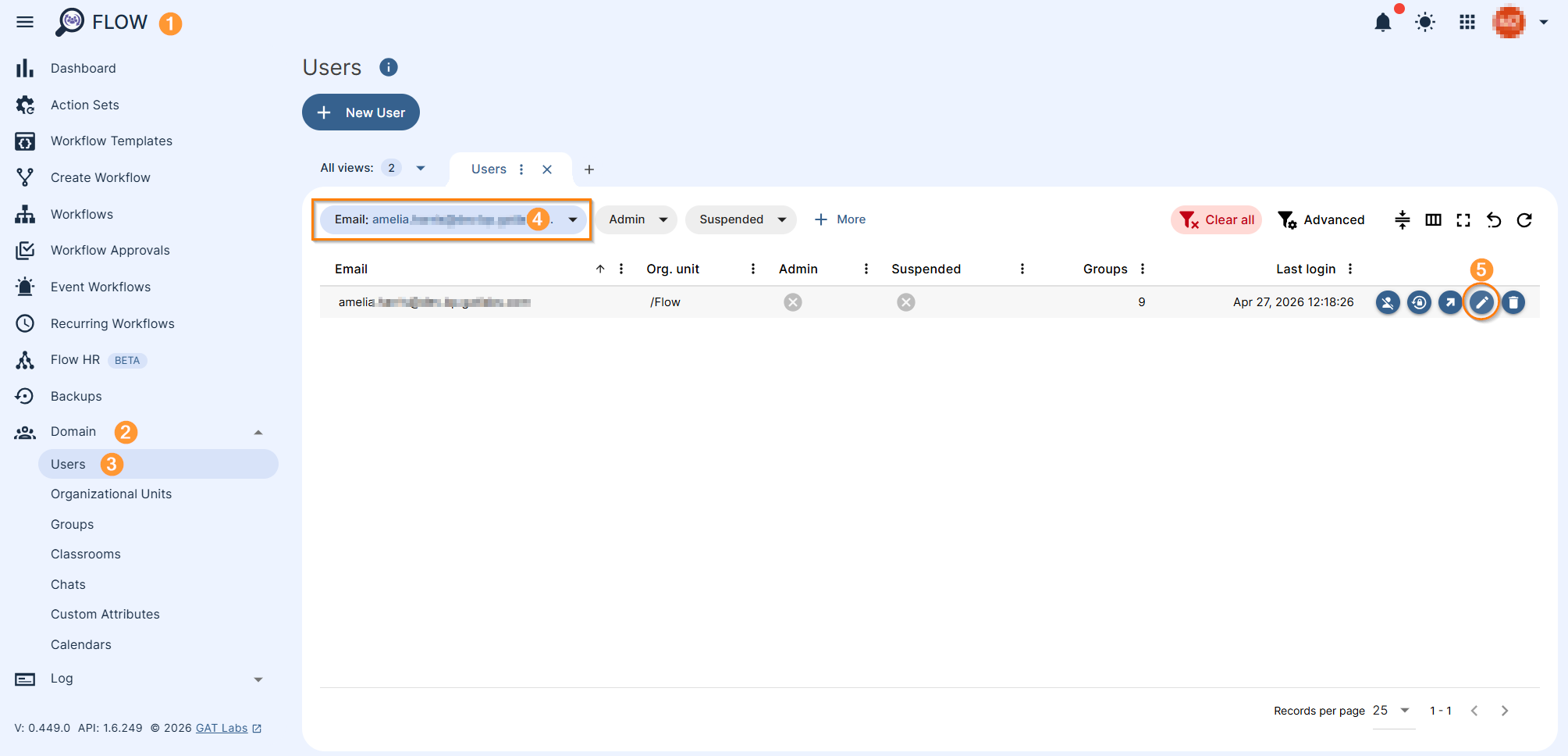 Image showing Flow Users section and the option to quick search for a particular user by using the search for email address quick filter. Also, the Edit button is displayed.