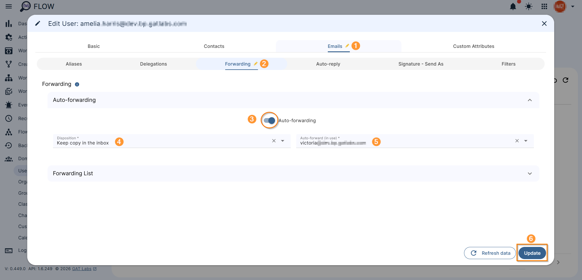 Image showing the editing window where the users details can be amended. The particular Email Forwarding configuration options are presented. An example of Auto-forwarding configuration is showing together with Update button that allows saving all the changes made. 