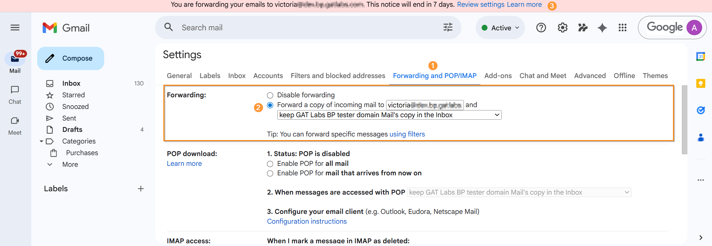Image showing Email Auto-forwarding setup in User's Gmail settings. 