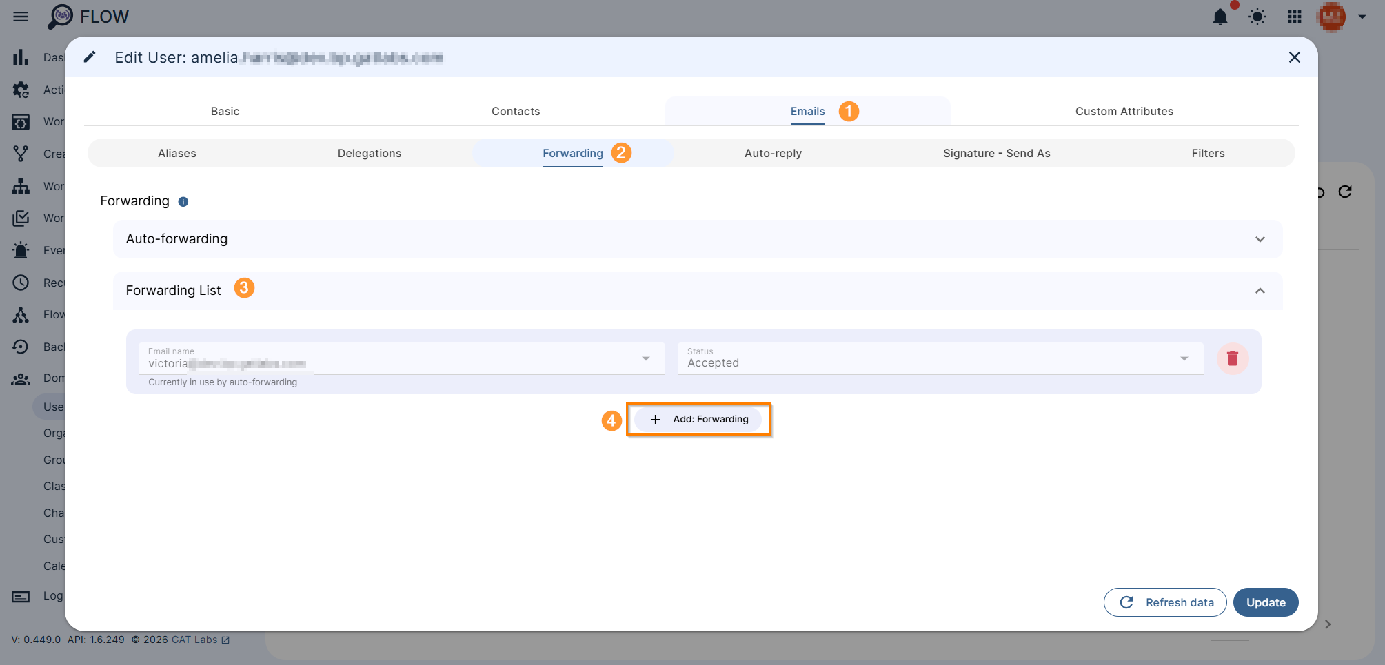 Image showing how to add email forwarded to the settings in Flow. 