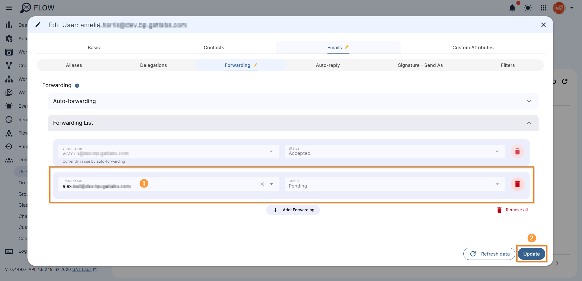 Image showing how to add email forwarding and the Update button to save the settings in Flow.