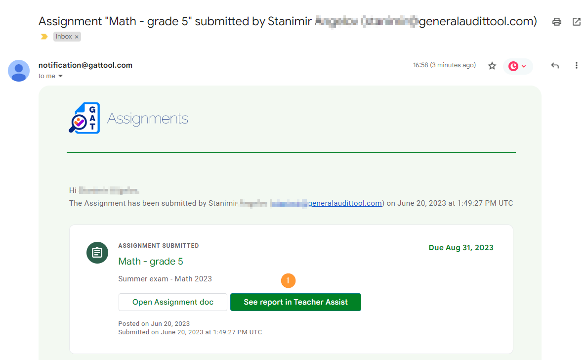 Email confirmation from each student on the completed assignment 
