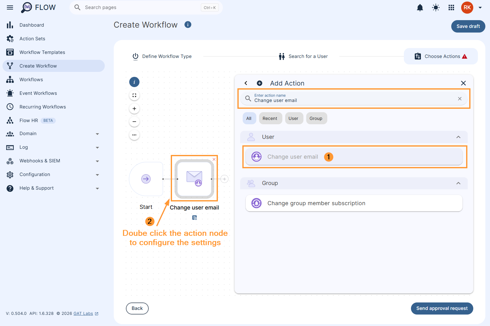 Adding the 'Change user email' action to a workflow in GAT Flow