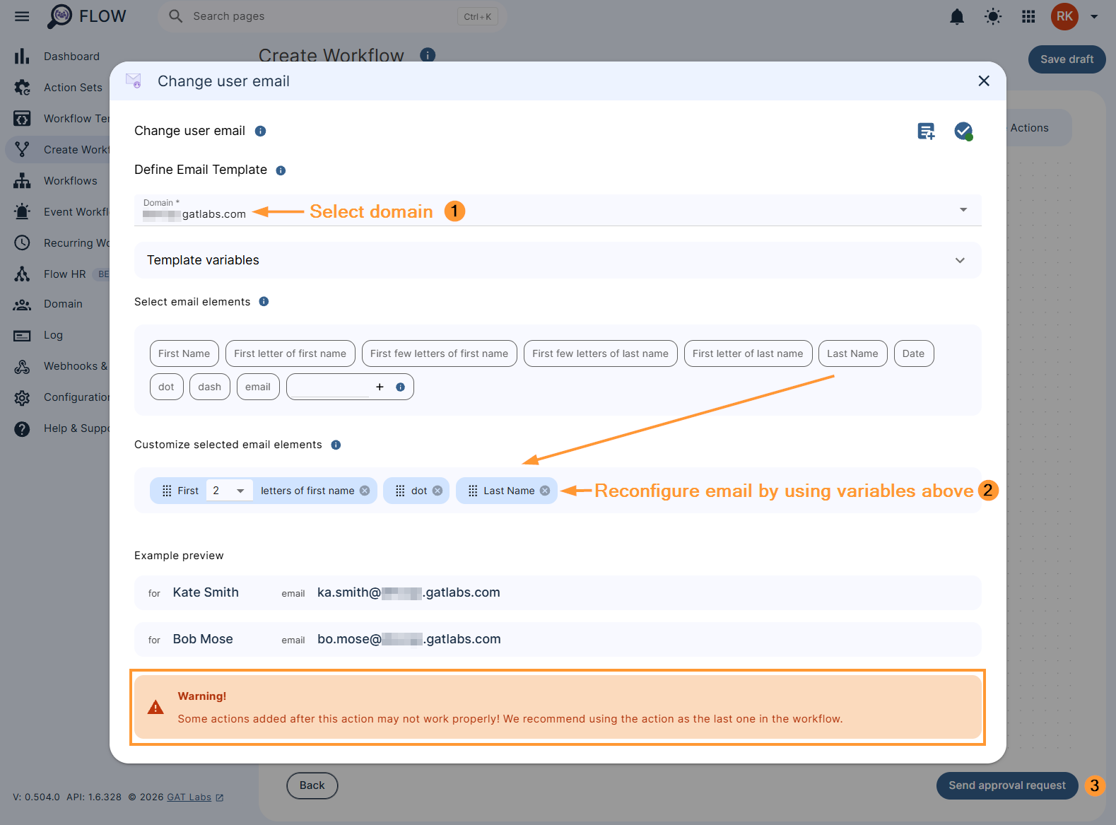 Configuring the 'Change user email' action settings