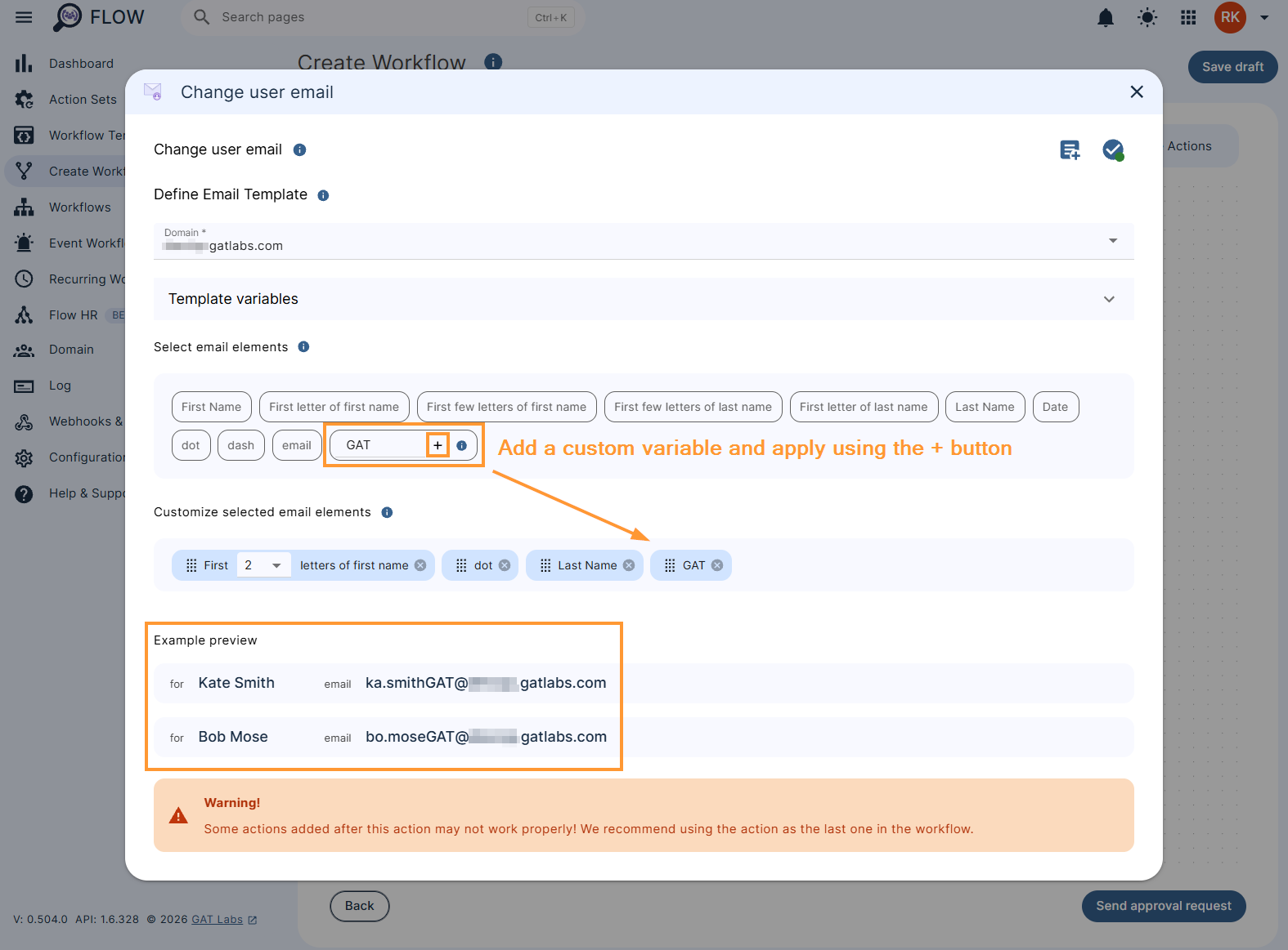 Configuring the 'Change user email' action settings
