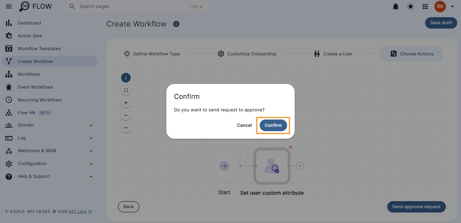 Send approval request confirmation pop-up