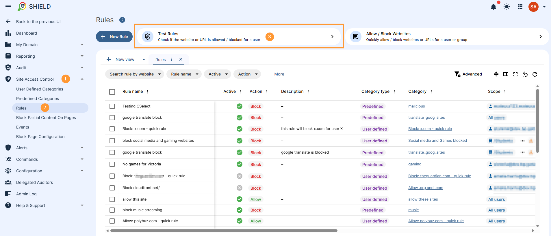 Test rule - select the "test rule" button and filter for user and site to check if is blocked by any rule or not