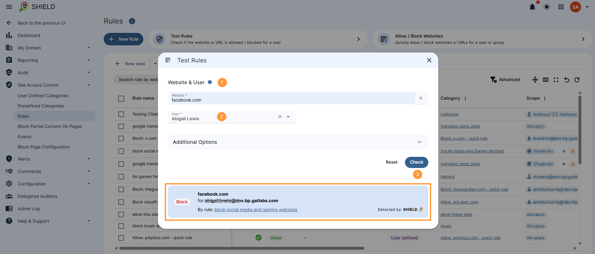 in the fields enter user to check if site is blocked for as well as the site to test and click on check button