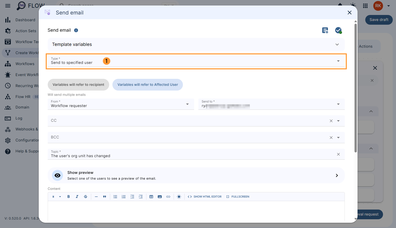Configuring the 'Send email' action