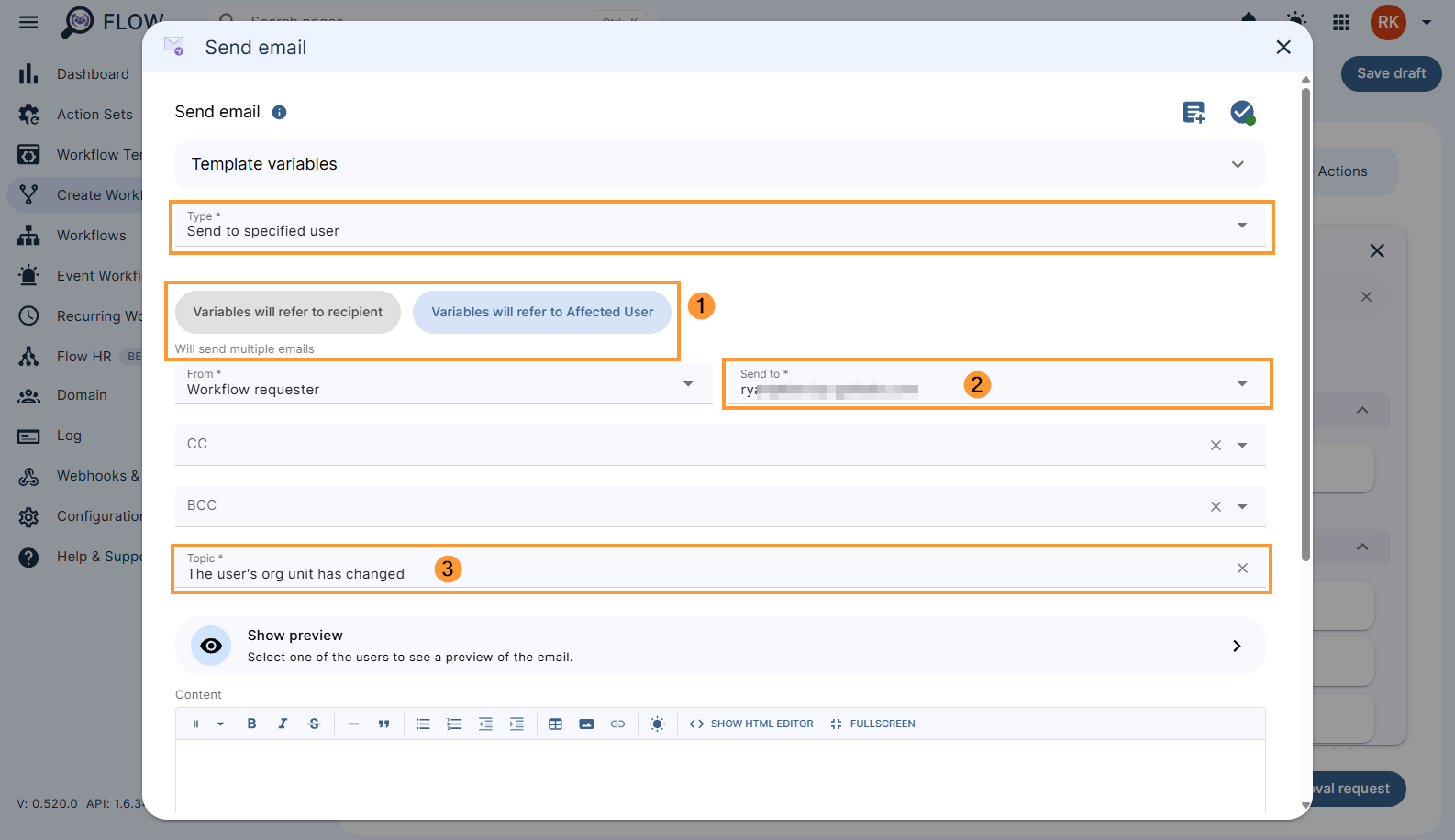 Configuring the 'Send email' action