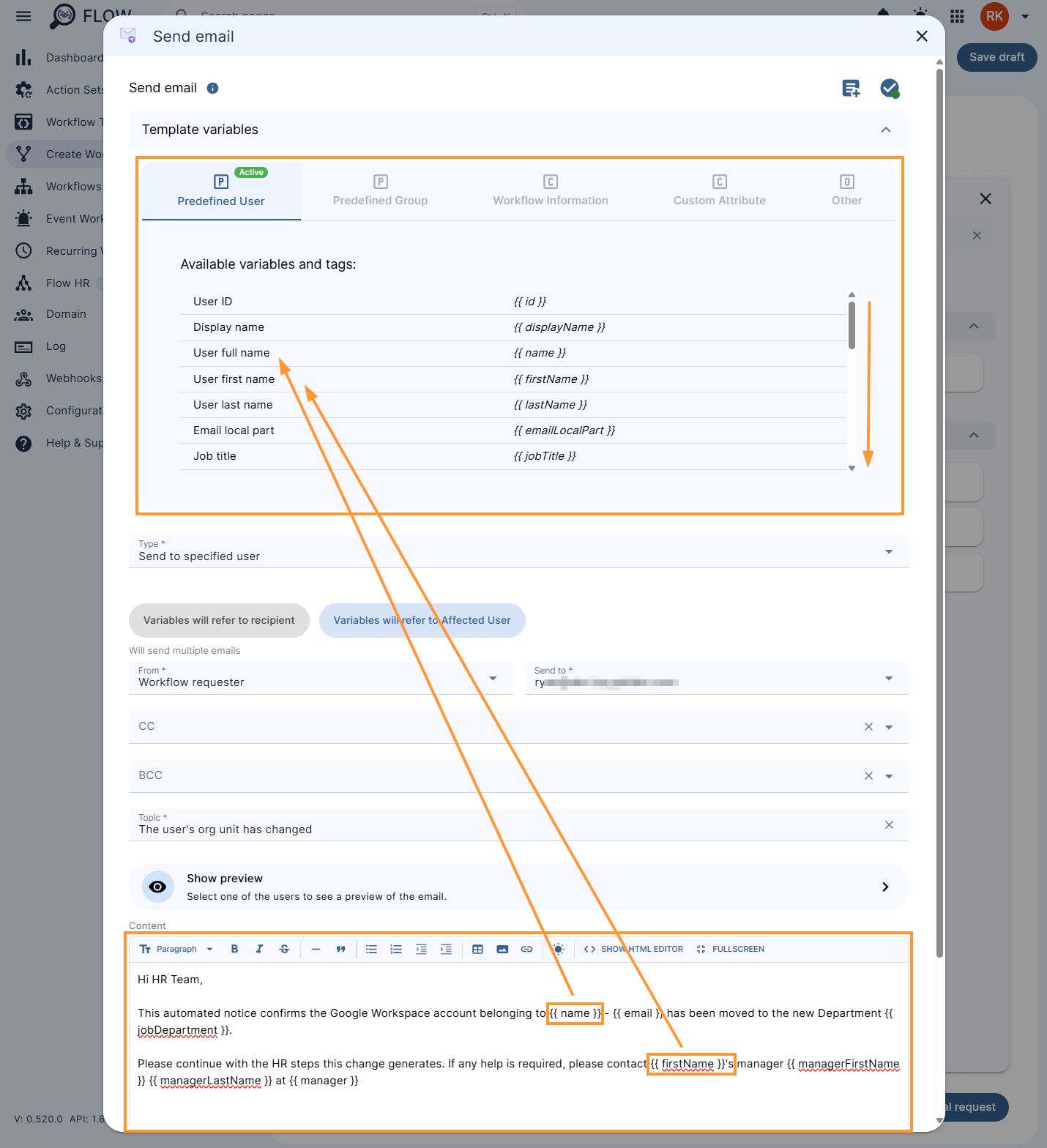 Send email configuration and template variables
