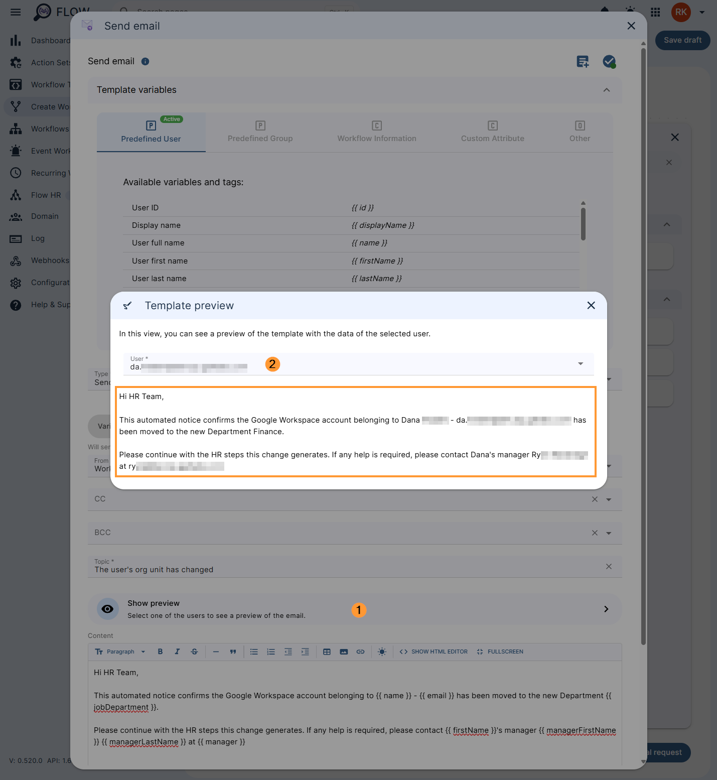 Send email option to show preview with variables applied for the specific user