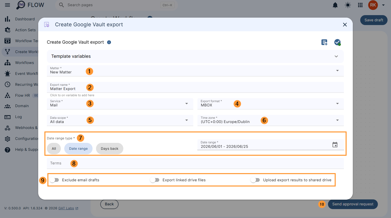 Configuring the 'Create Google Vault export' action in a GAT Flow workflow