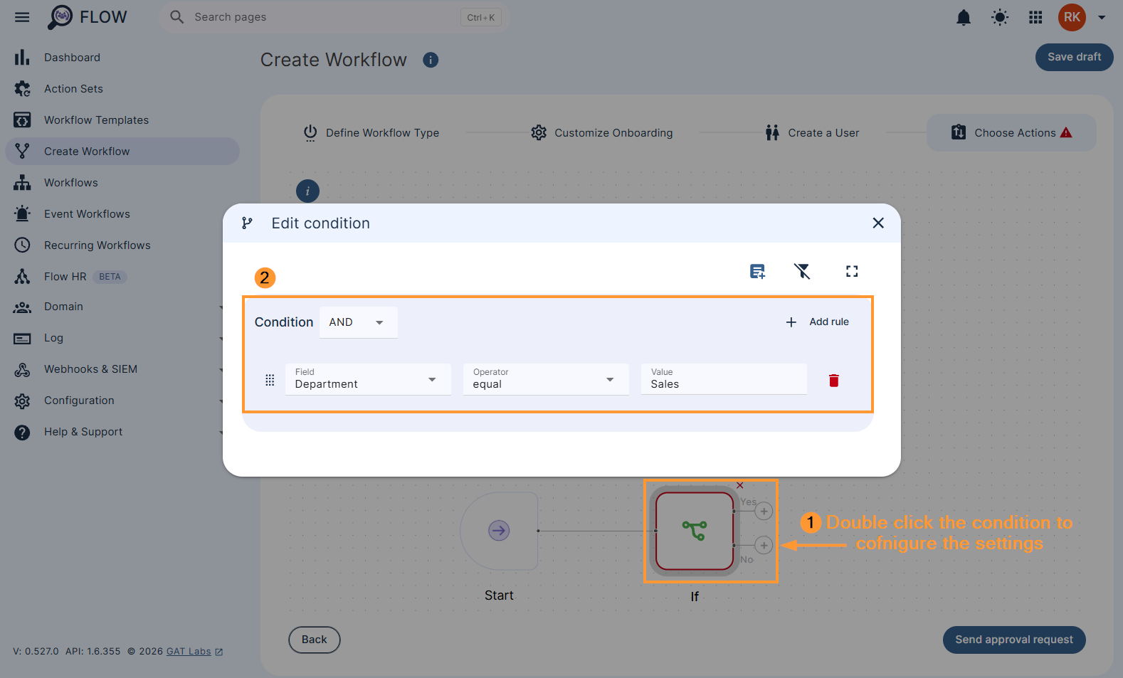 Settings to configure the condition