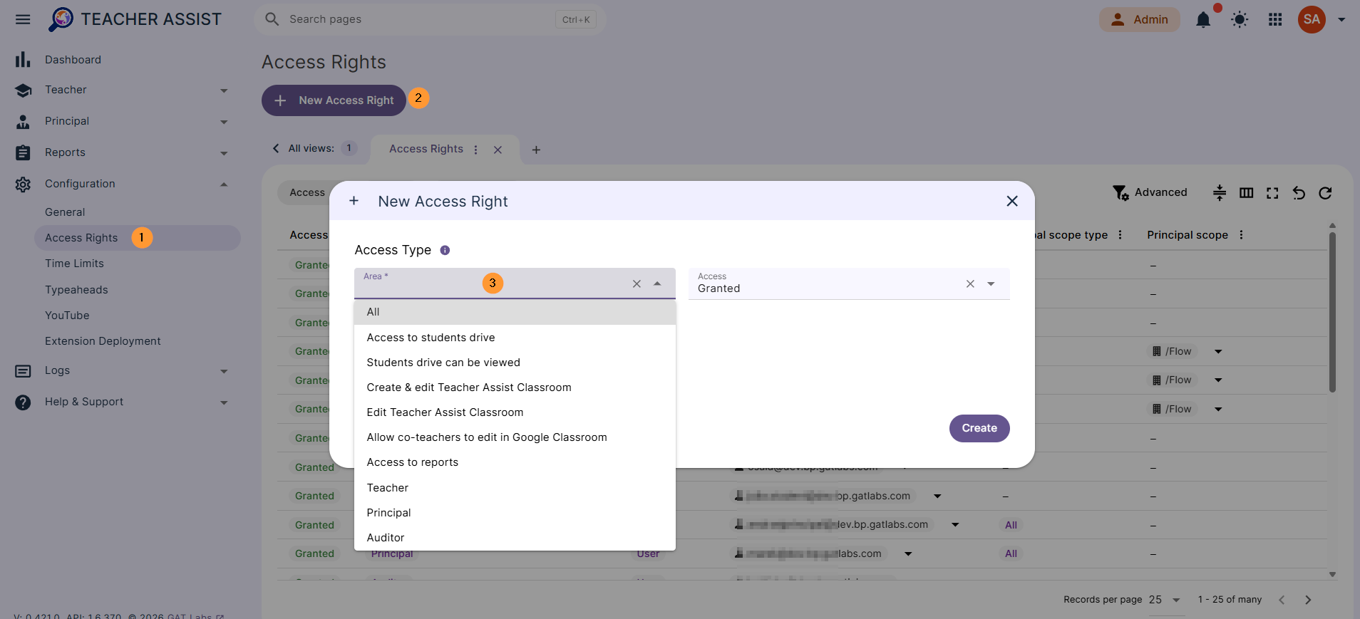 All - Full administrative access. Grants the user or user group all available access types and privileges across the entire application. Access to students' drive - Student Drive Visibility. Authorizes teachers to view and access files within students' Google Drives for educational monitoring. Students' drive can be viewed - Privacy Control / Visibility Lock. A restrictive permission used to safeguard user privacy. If this role is disabled for a specific student, teachers cannot view their files, even if the teacher possesses the global Access to students' drives permission. Create & edit Teacher Assist Classroom - Custom Class Creation. Allows users to create and configure non-Google (TA) classes. This permission is used to restrict and manage who can introduce custom courses into the system. Edit Teacher Assist Classroom - Owned Class Management. Enables users to manage and update student records within classes where they are designated as the owner. Allow co-teachers to edit in Google Classroom - Co-Teacher Management. Permits authorized co-teachers (users listed as instructors but who are not the primary course owners) to edit course details. This policy applies strictly to Google Classroom-integrated courses. Access to reports - Analytics Access. Grants the user comprehensive access to the reporting, statistics, and data analytics sections of the application. Teacher - Explicit Teacher Access. Explicitly forces a Teacher view and access level for the user. While the system automatically detects teachers based on active course assignments, this role manually overrides and ensures constant access to teacher tools. Principal - Principal / Auditor Access. Provides passive administrative oversight. Users with this role can monitor live sessions and view active operations in real-time but do not have permissions to modify any data or configurations. Auditor - Application Administrator. Grants a regular domain user elevated privileges to manage and administer the application with full admin-level access.