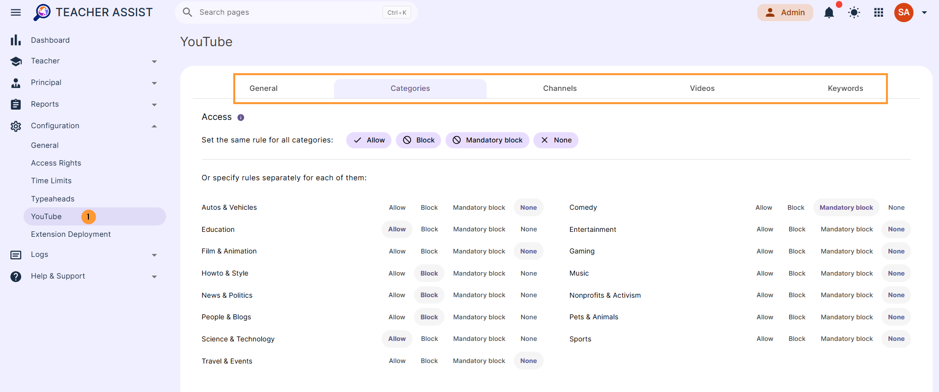 Navigate to Teacher Assist > Configuration > YouTube control 

Select each section on the top bar and apply YouTube rules 