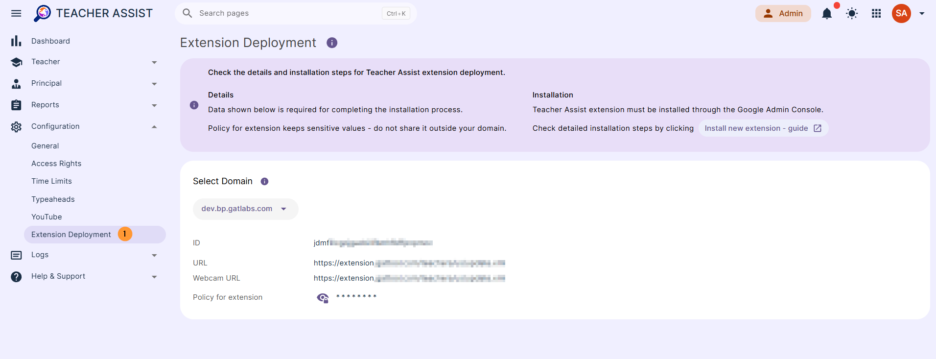 Navigate to Teacher Assist > Configuration > Extension deployment.