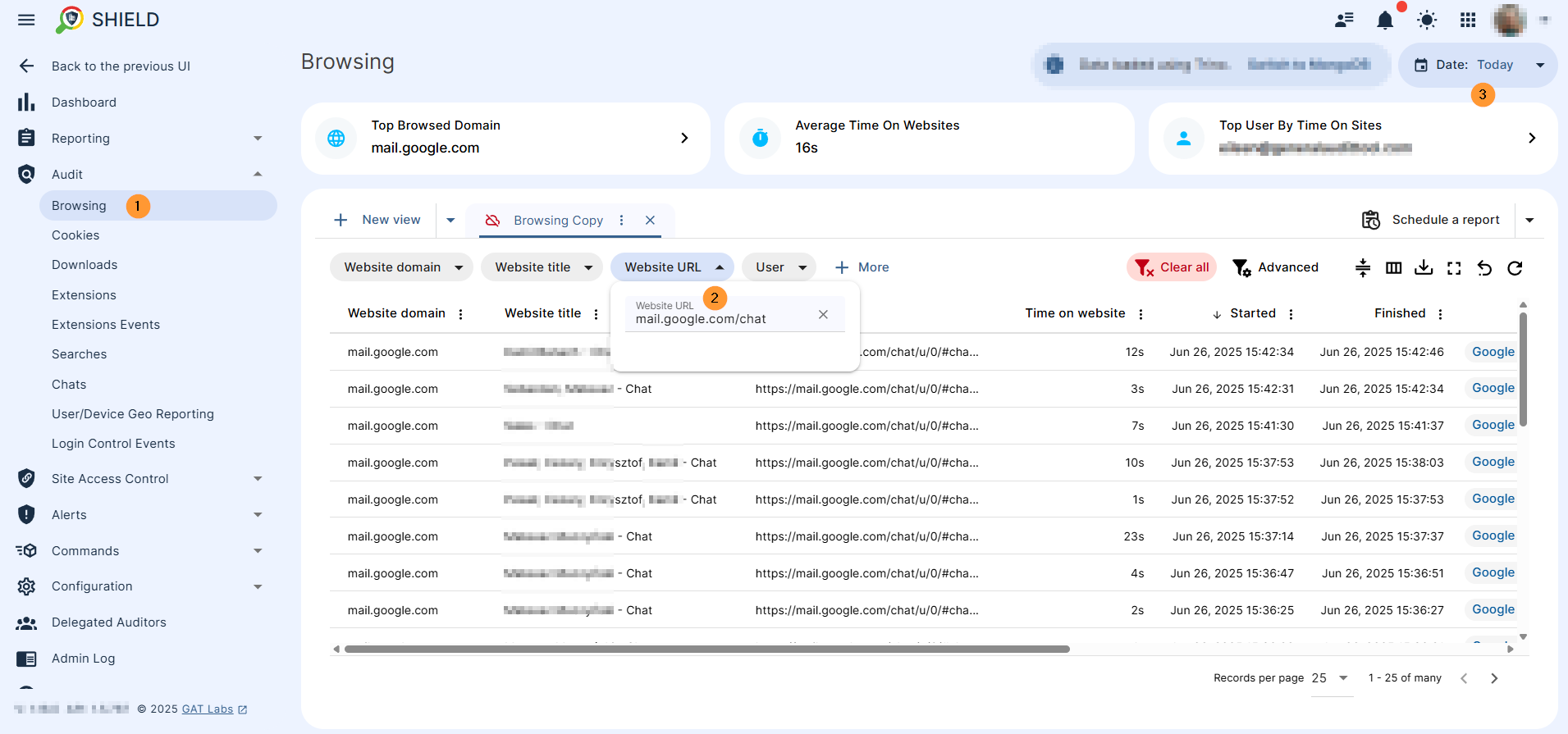 GAT Shield dashboard showing the browsing activity on google chat by filtering by the URL