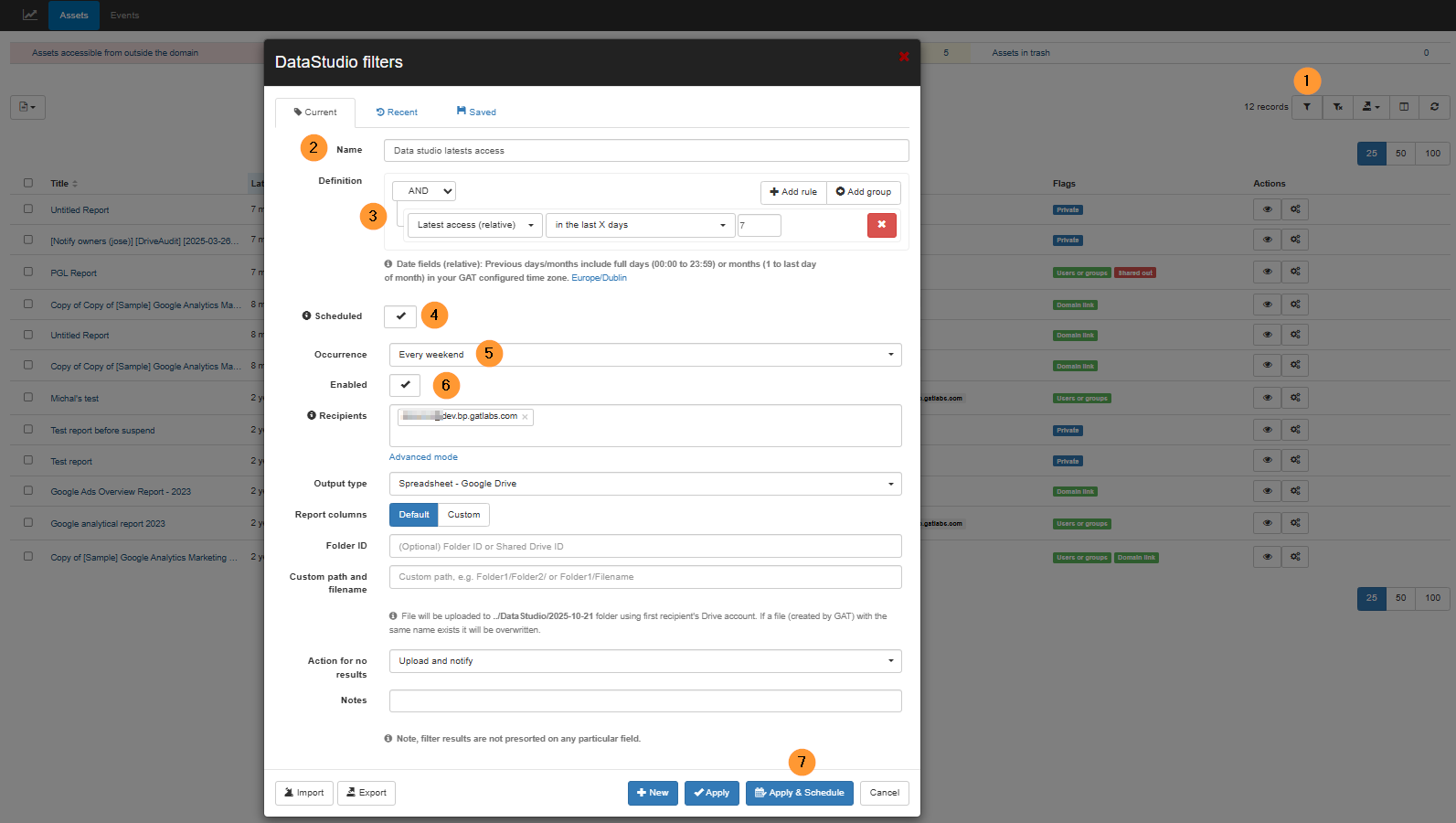 Interface for scheduling a Looker Studio metadata report within GAT+. The process involves applying a filter (1) to display the scheduling window, then configuring settings: naming the report (2), applying a relevant filter (3), enabling the scheduled report feature (4), selecting the occurrence time (5), enabling the report to start immediately (6), specifying recipient email addresses, and finalizing with Apply & Schedule (7).