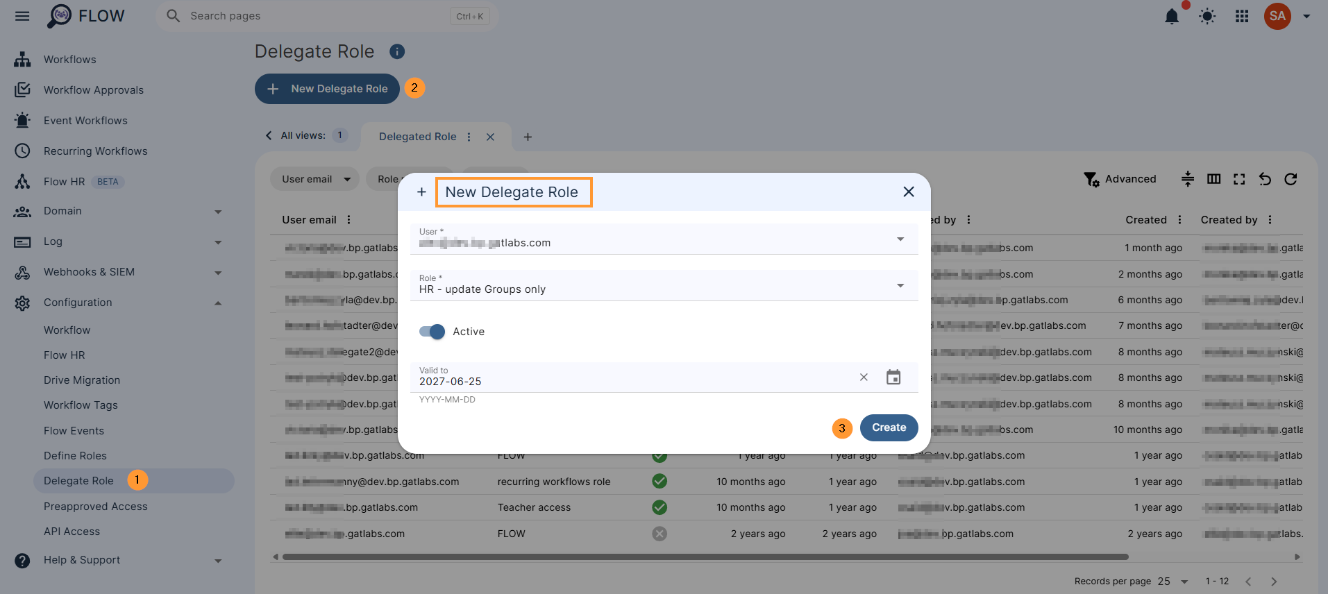Navigate to Configuration > Delegate Role > + New delegate role.