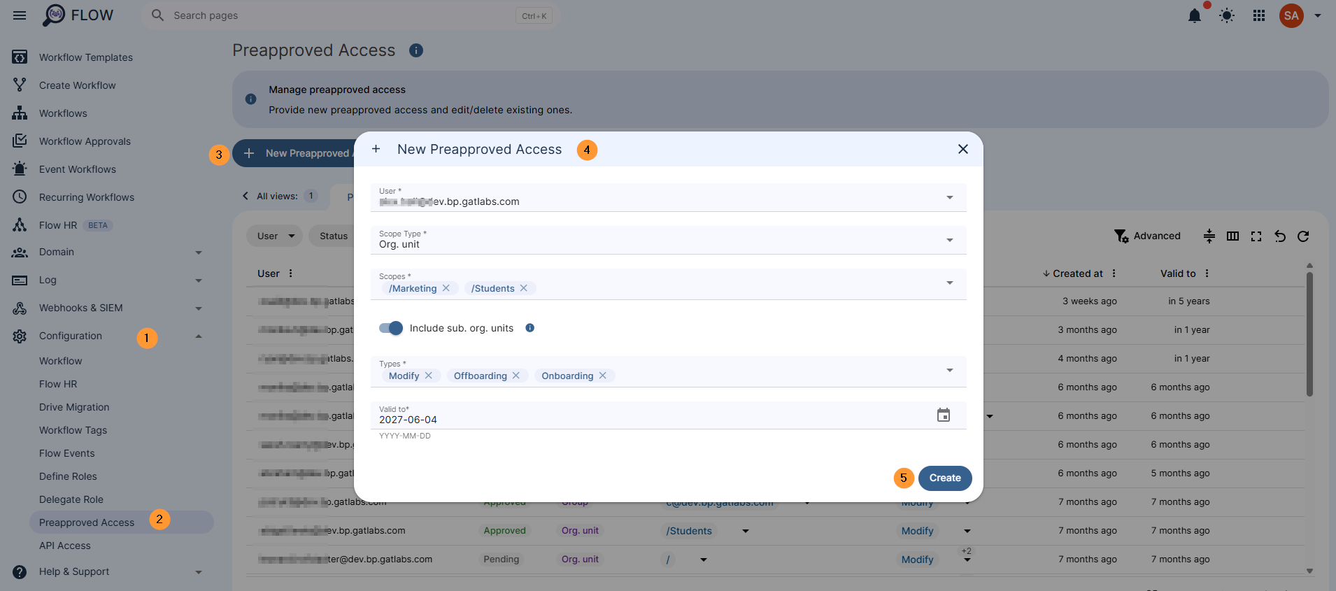 Navigate to Configuration > Preapproved access > + New preapproved access

Fill in the details

User - select the user with preapproval access
Scope - select the scope of users for which the preapproval will be enabled
Types - select the type of workflows the preapprovals will be enabled for
Valid to - select the data until which the preapproval will be valid for
Create - create the access