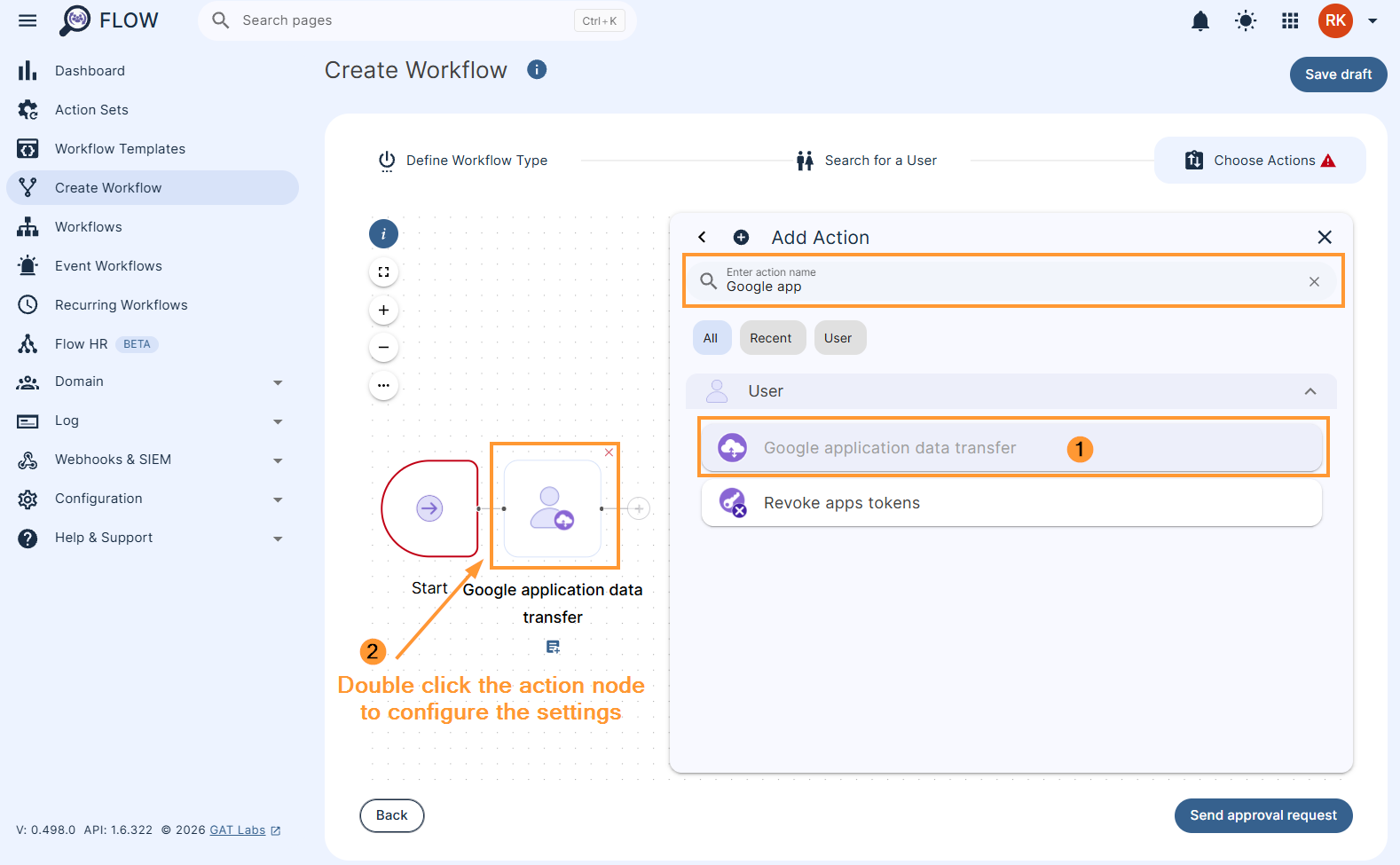 Adding the action 'Google application data transfer' to a workflow