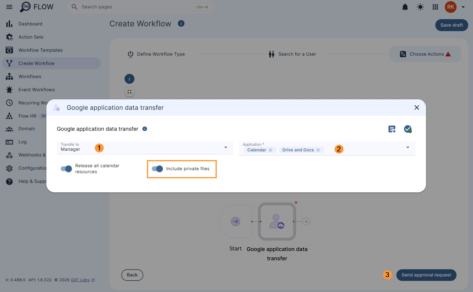 Configuring the settings to include private files and selecting the applications and transfer to
