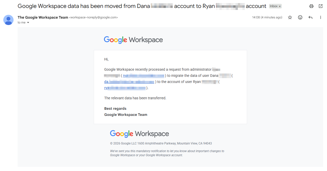 automated email from google notifying users of the data transfer