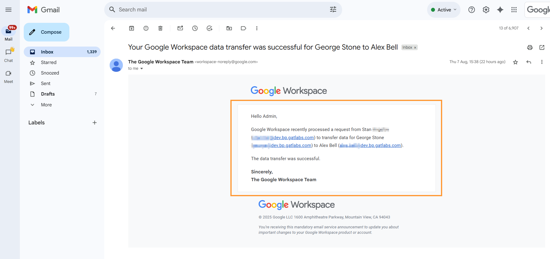 automated email from google notifying users of the data transfer