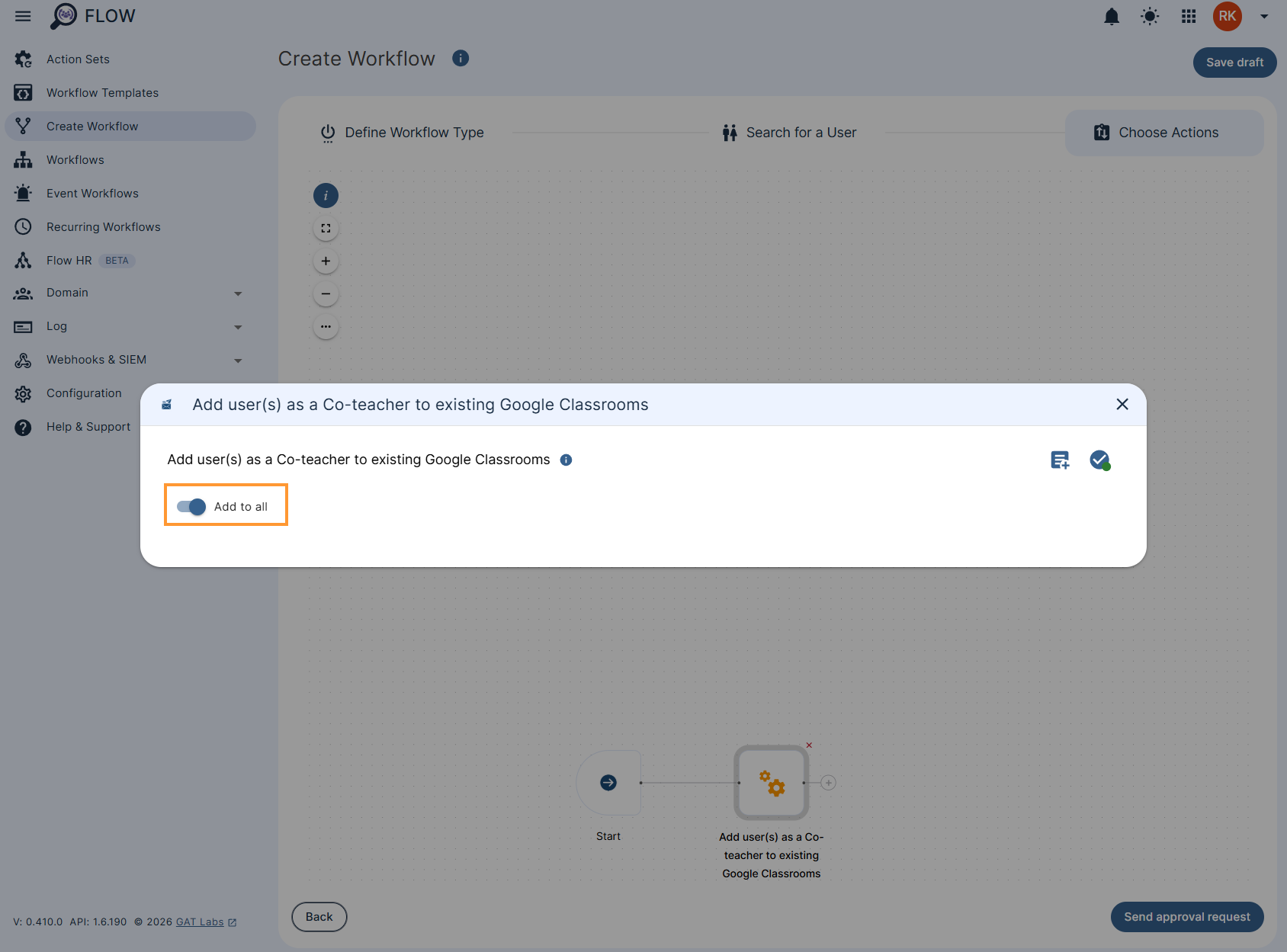 'Add user(s) as a Co-teacher to existing Google Classrooms' action settings
