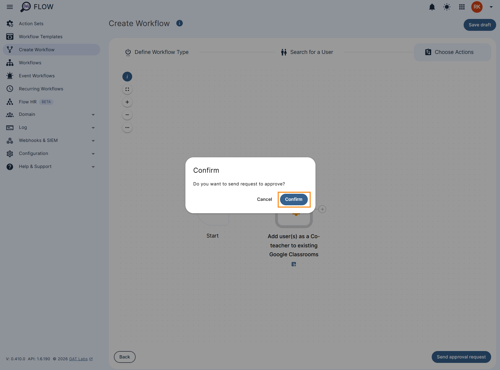 Confirmation pop-up on GAT Flow workflow