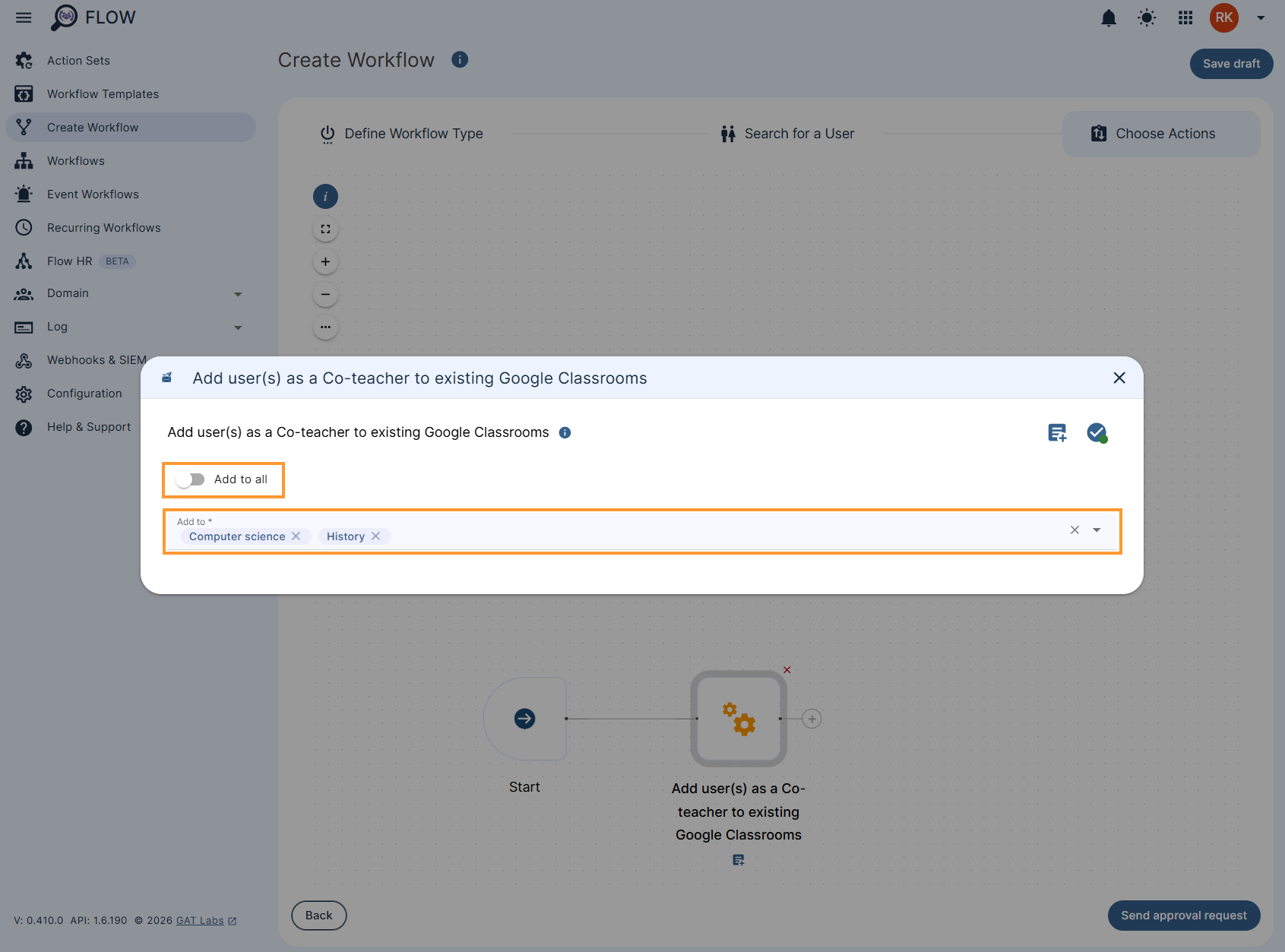 'Add user(s) as a Co-teacher to existing Google Classrooms' action settings