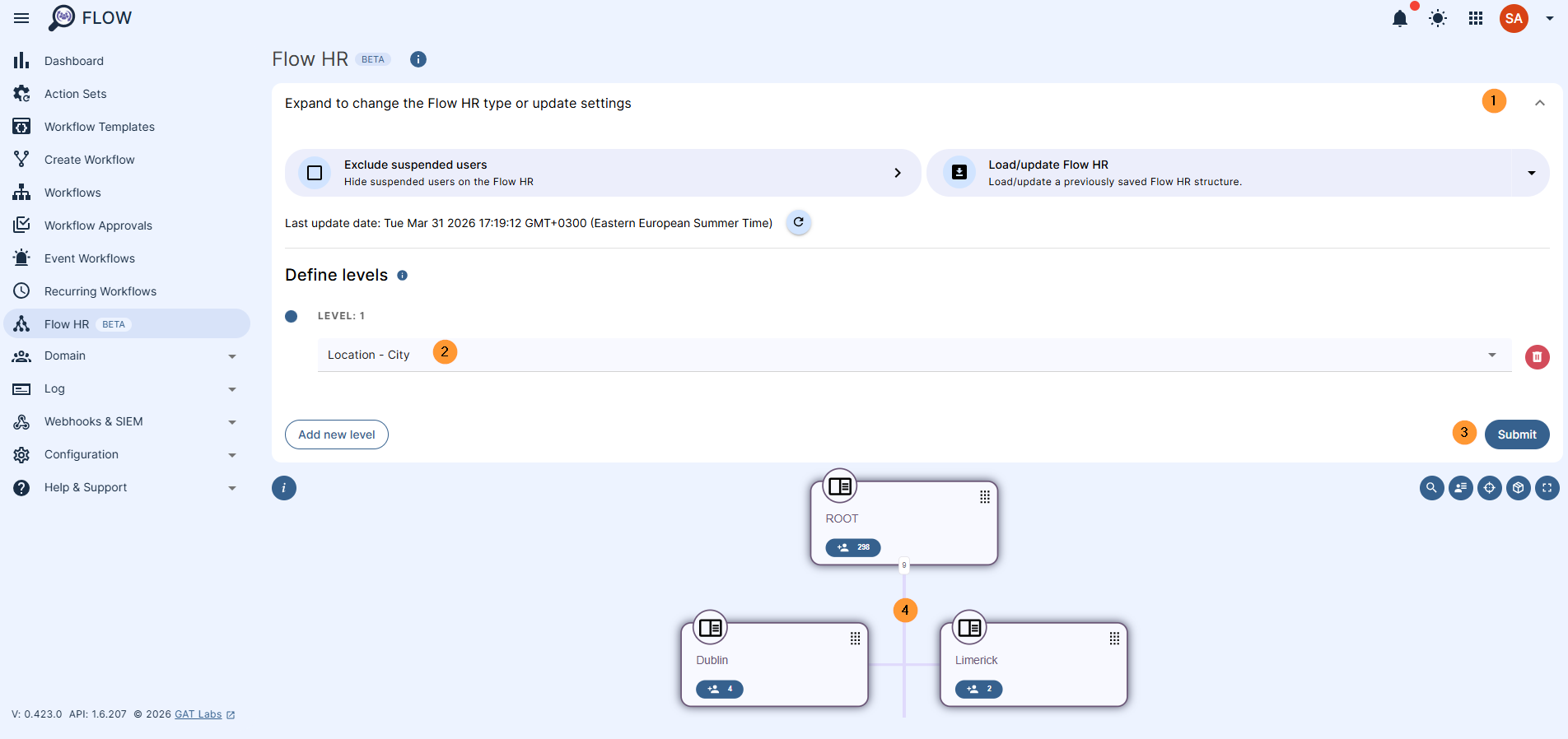  click to expand to change the flow HR type on top right corner and in the pop up menu select search level This editor allows you to define a custom tree structure. The tree relies on the custom attribute of the email type or automatically defined hierarchies within org. units, so you can only select these fields at the first level. If you select a custom attribute of type string/text for the first level, you will not be able to select a custom attribute of type email or org. unit in subsequent levels.