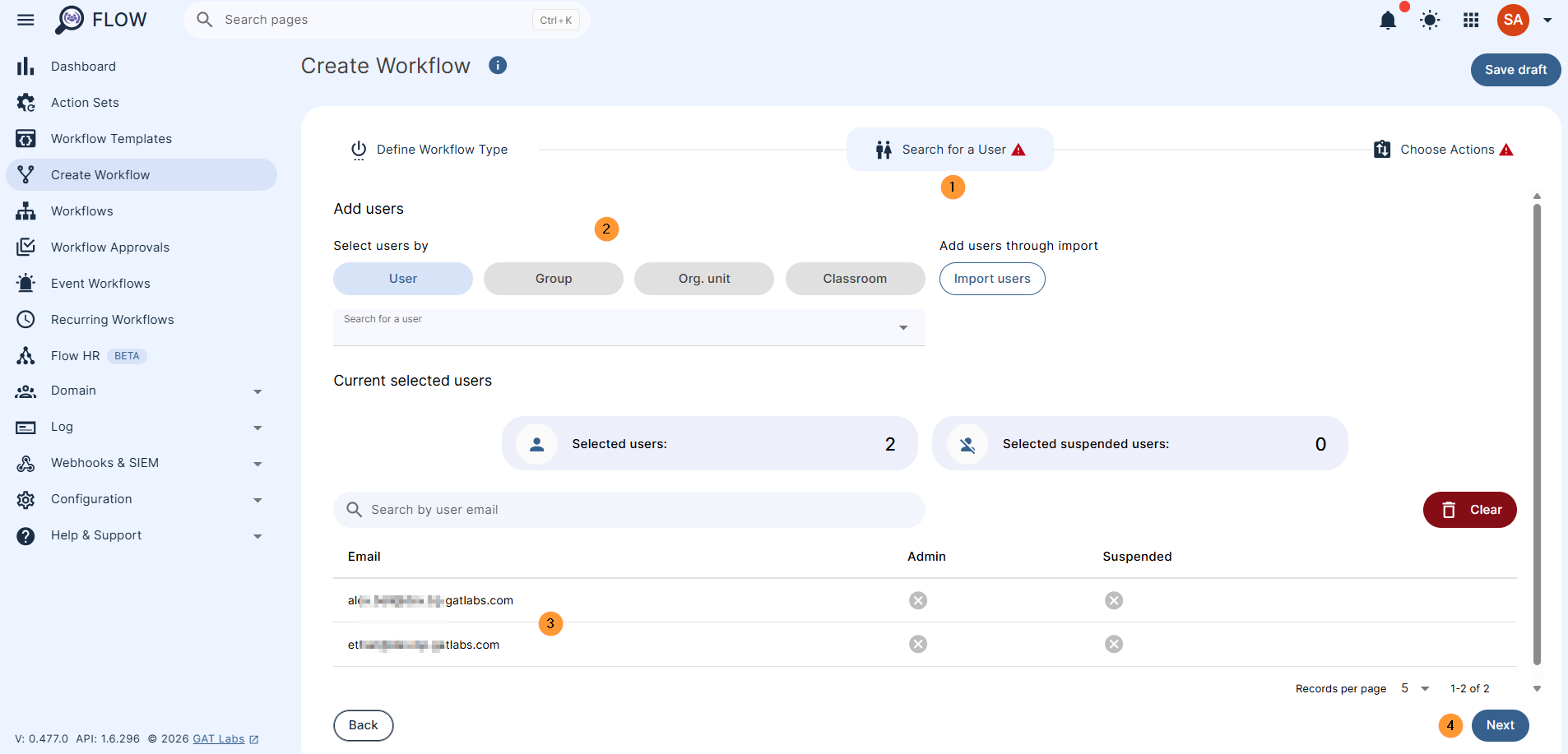 In the next step, search for a user (1). Select one user or multiple user accounts for which you want to back up their Google Keep data (2). Search and add the users via Search for a user, group, org. unit, or classroom or import them. The users' accounts will appear in the list below (3)