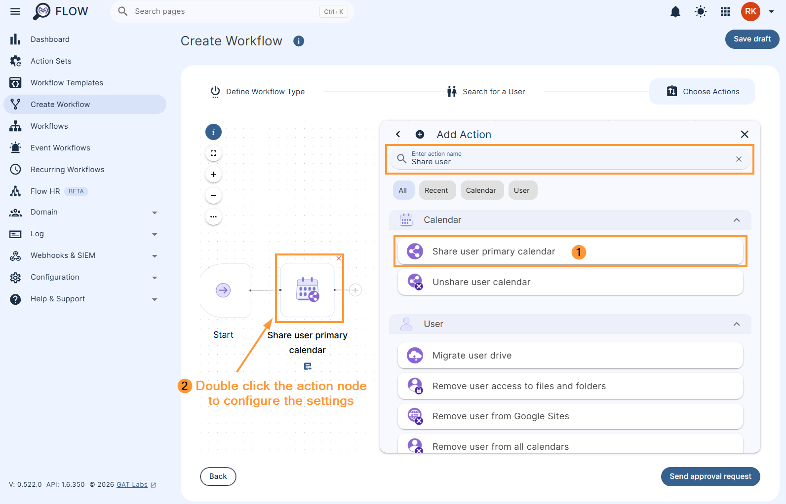 Adding the 'Share user primary calendar' action to a workflow