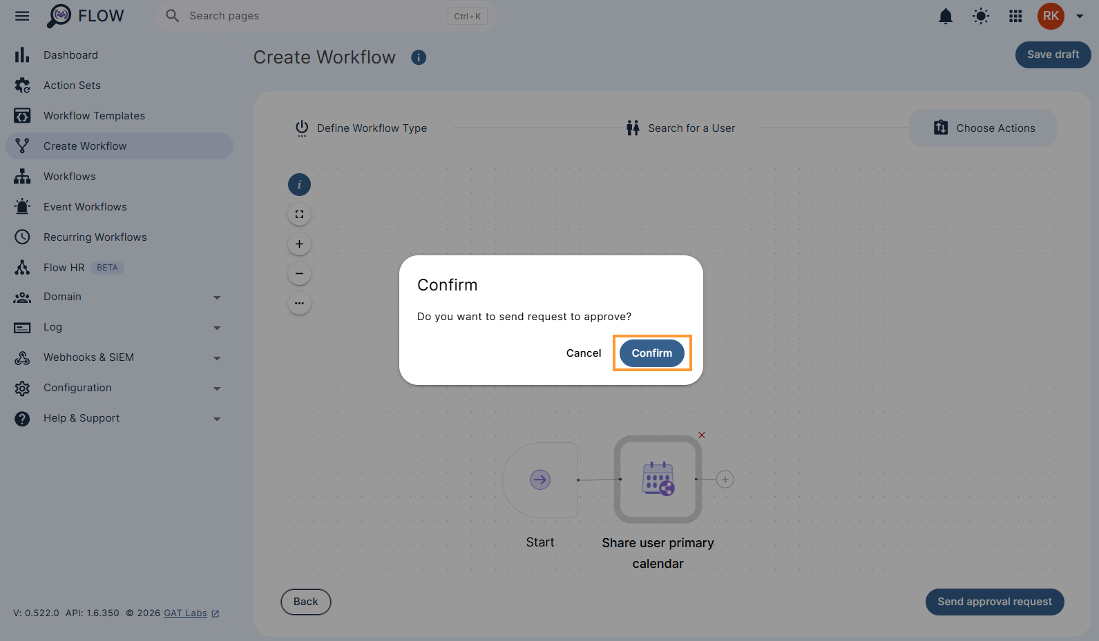 Workflow confirmation pop-up