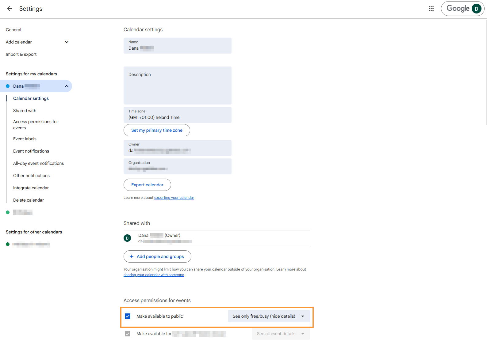 Google calendar settings