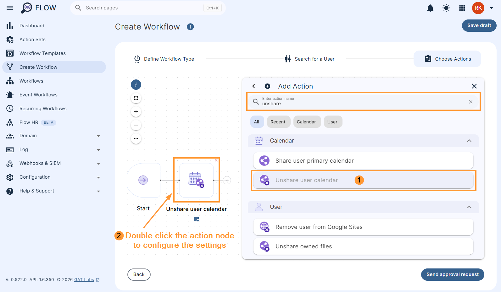 Adding the 'Unshare user calendar' action to a workflow