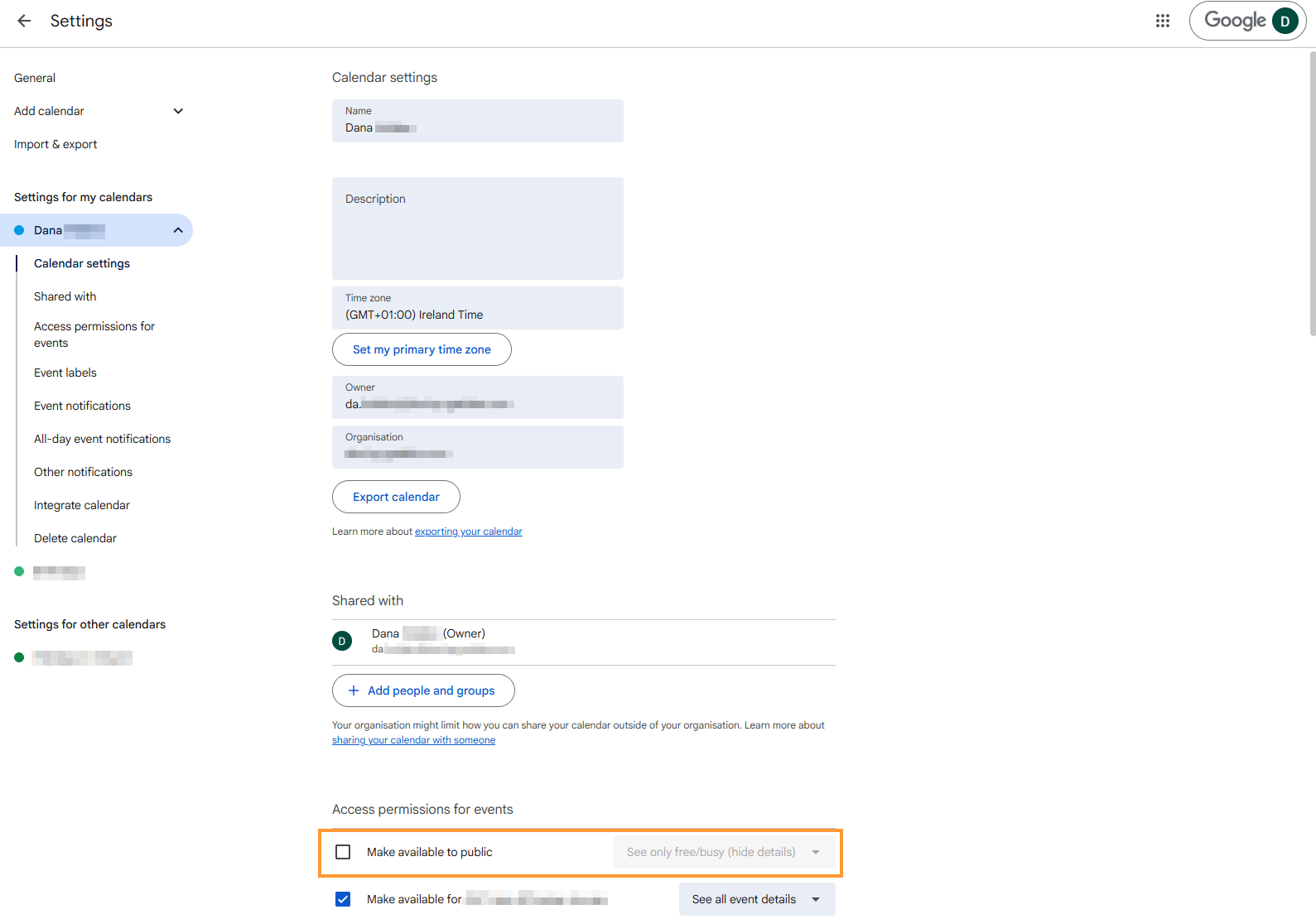 Google Calendar settings