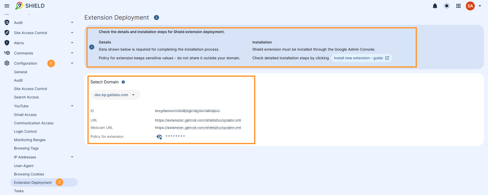 Open Configuration > Extension deployment - then select the domain and copy and use the ID and URL and Policy of extension to deploy the Shield extension