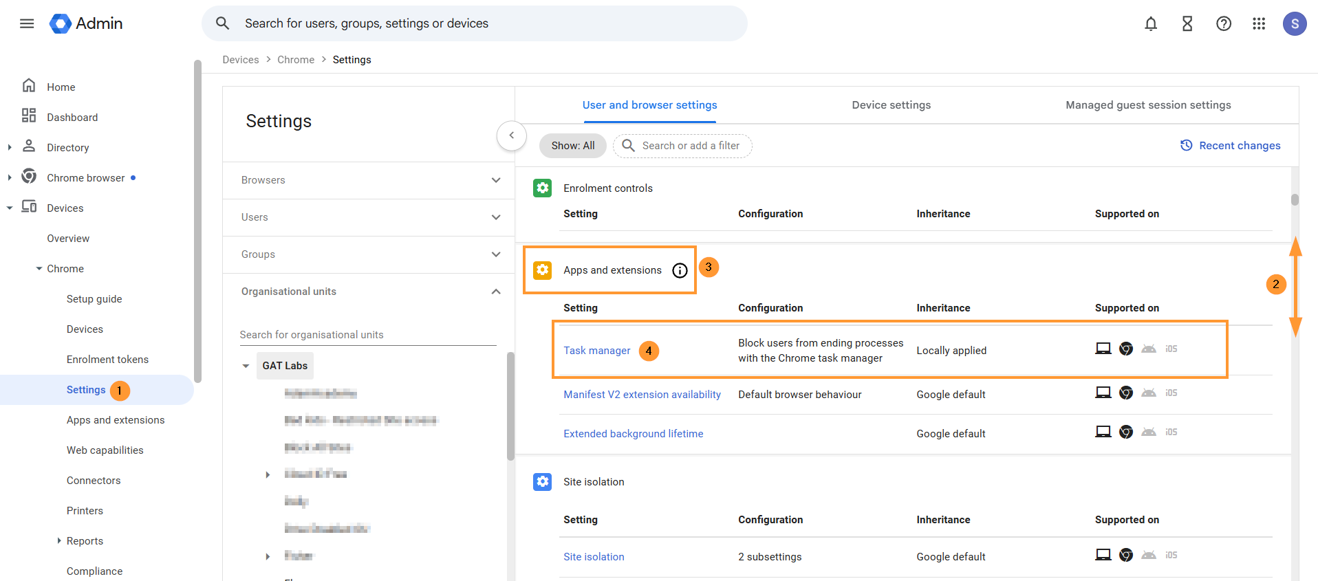 On the above-selected page, scroll down and navigate to the Apps and Extensions area, find the Task Manager settings, and switch it to Block users from ending processes with the Chrome Task Manager.