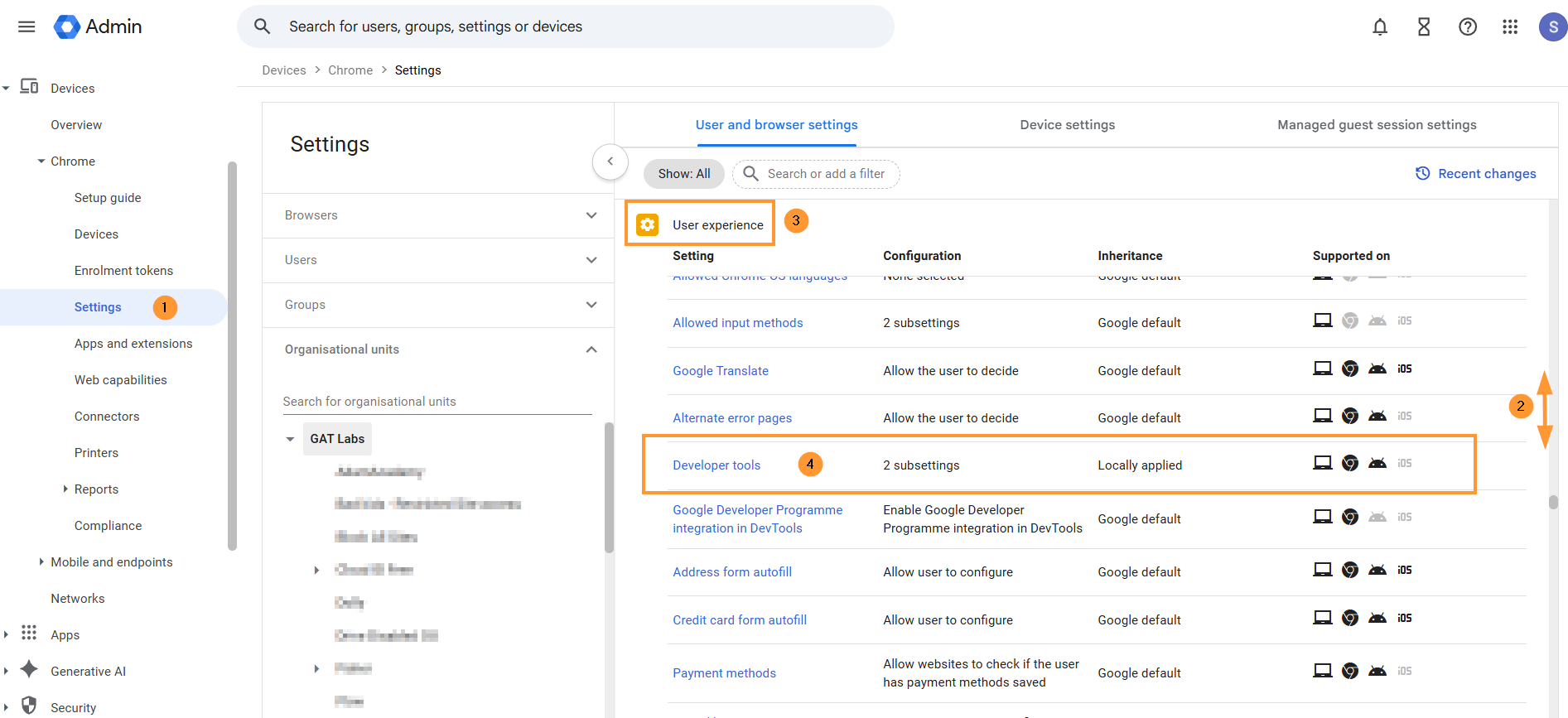Scroll up on the same page to the User experience > Developer tools.