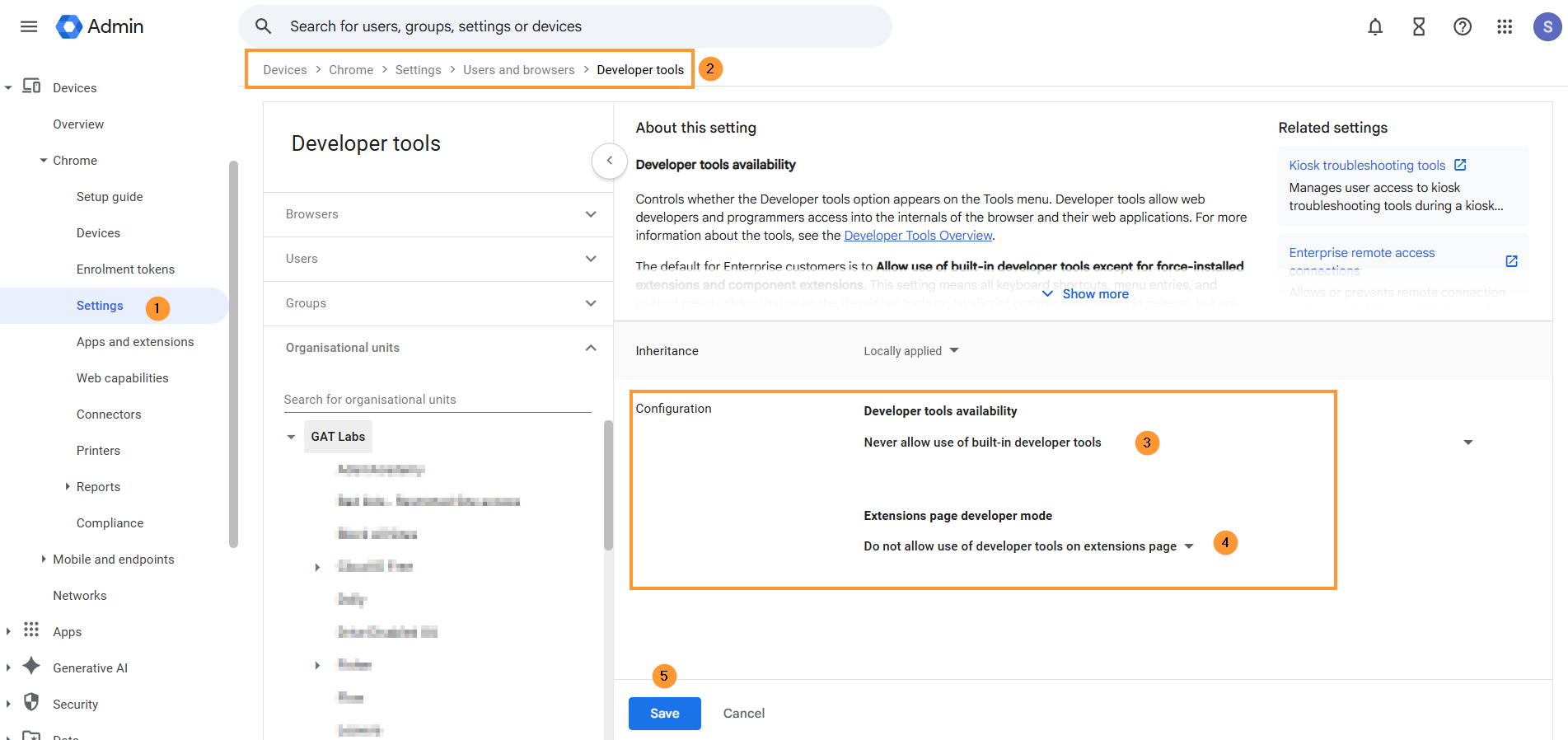 Set it to "Never allow use of built-in developer tools."