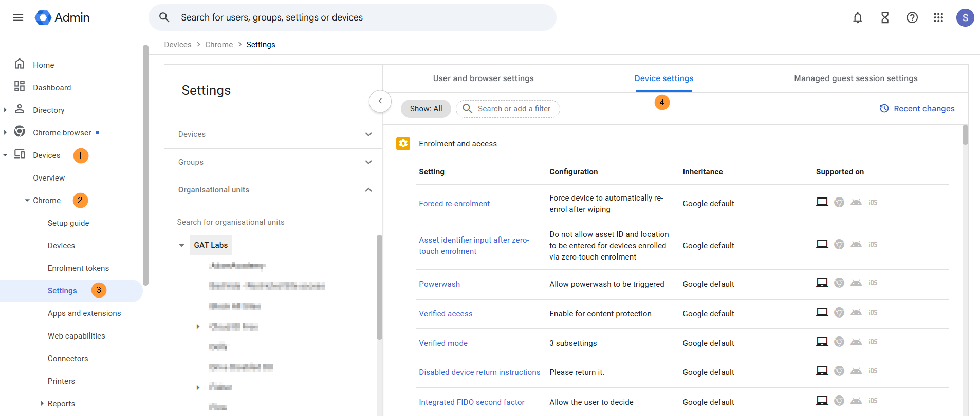 From the Google Admin console, navigate to Devices > Chrome > Settings > Device settings 