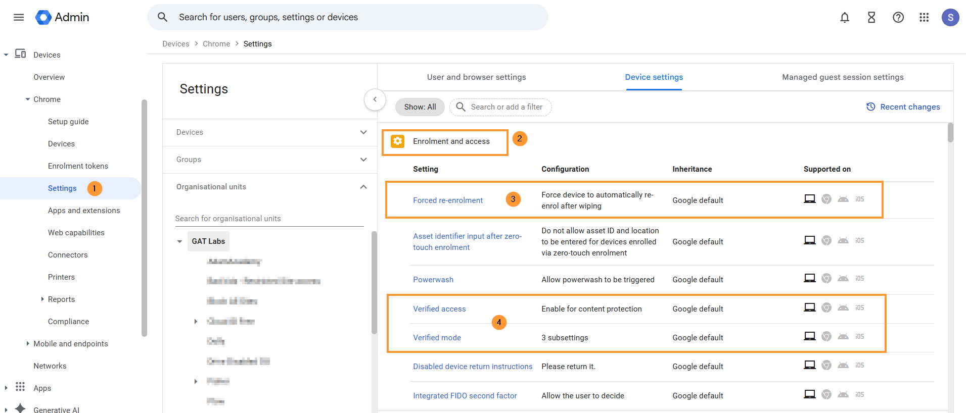In the Enrolment and access setting, configure the settings 

Forced re-enrolment - Force device to automatically re-enroll after wiping
Verified access - Enable for content protection
Verified mode - Set to require verified mode boot for verified access