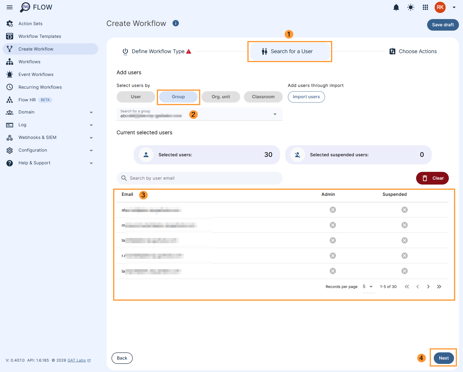 Selecting a group of users in a workflow in GAT Flow